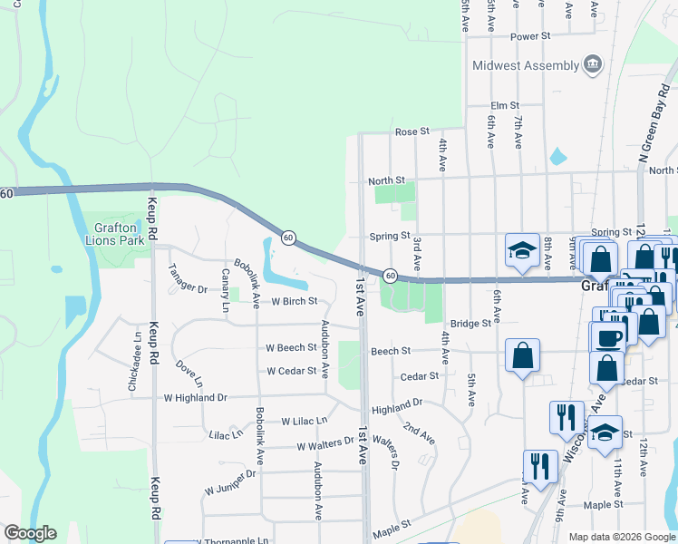 map of restaurants, bars, coffee shops, grocery stores, and more near 200 West Locust Street in Grafton