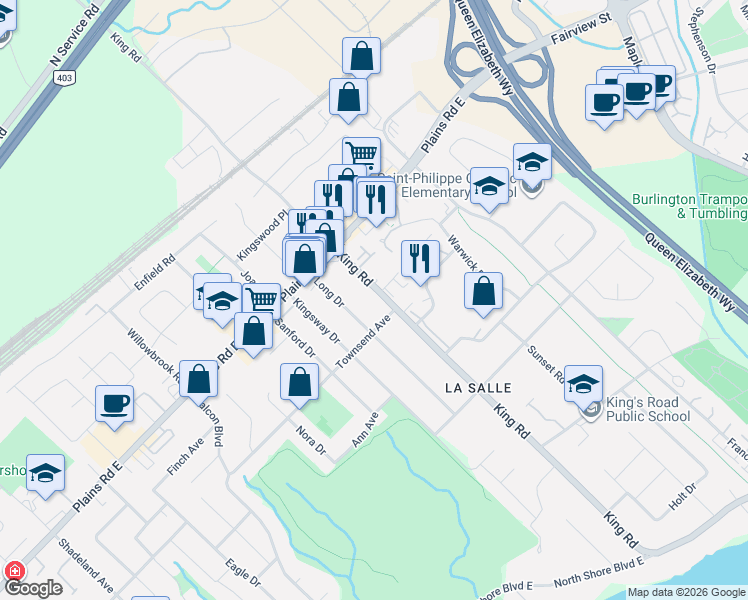 map of restaurants, bars, coffee shops, grocery stores, and more near 938 King Road in Burlington