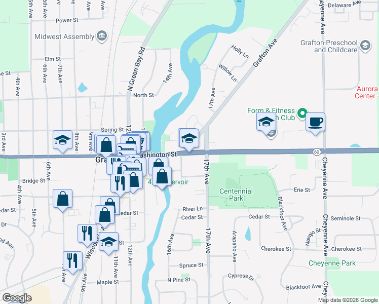 map of restaurants, bars, coffee shops, grocery stores, and more near Washington Street in Grafton