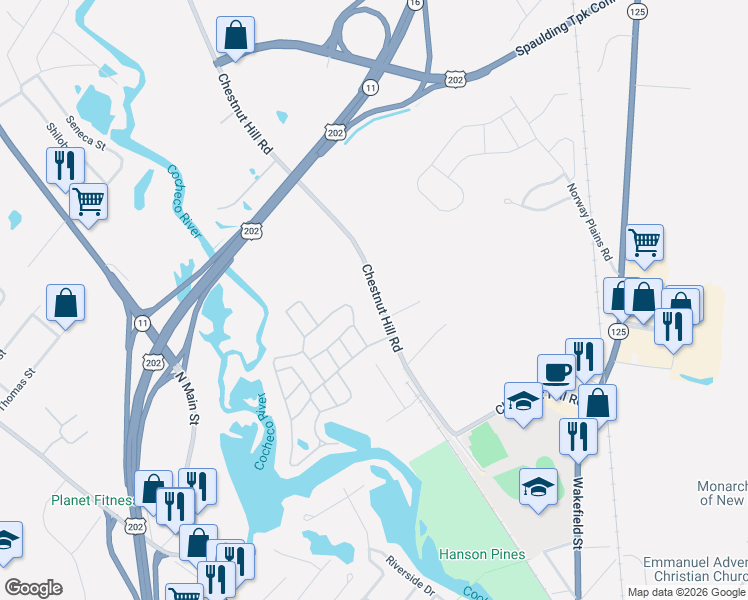 map of restaurants, bars, coffee shops, grocery stores, and more near 78 Chestnut Hill Road in Rochester
