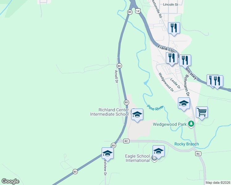 map of restaurants, bars, coffee shops, grocery stores, and more near 1550 State Road 80 in Richland Center