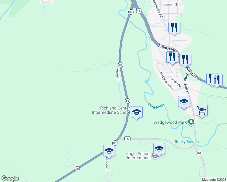 map of restaurants, bars, coffee shops, grocery stores, and more near 26200 Arnell Drive in Richland Center