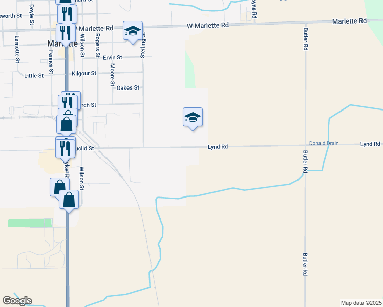 map of restaurants, bars, coffee shops, grocery stores, and more near 6221 Euclid Street in Marlette