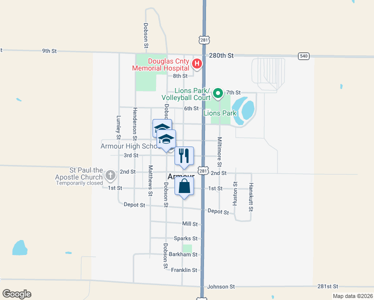 map of restaurants, bars, coffee shops, grocery stores, and more near 908 Main Street in Armour