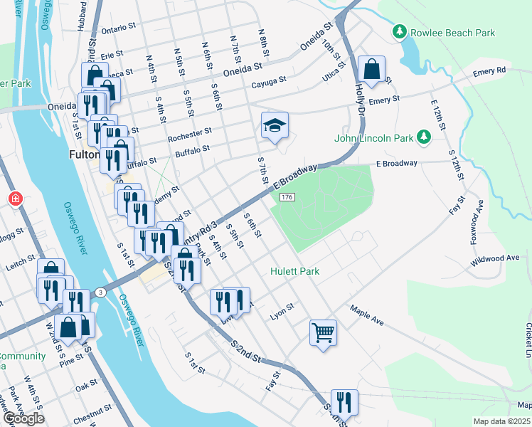 map of restaurants, bars, coffee shops, grocery stores, and more near 356 South 7th Street in Fulton