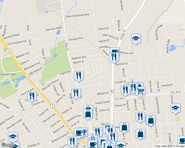 map of restaurants, bars, coffee shops, grocery stores, and more near 89 Sanford Street in Glens Falls