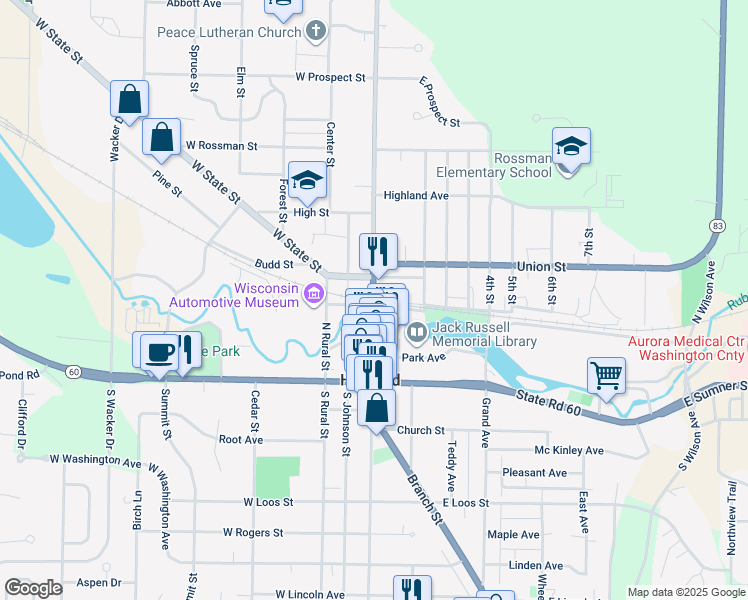 map of restaurants, bars, coffee shops, grocery stores, and more near 0 East Wisconsin Avenue in Hartford