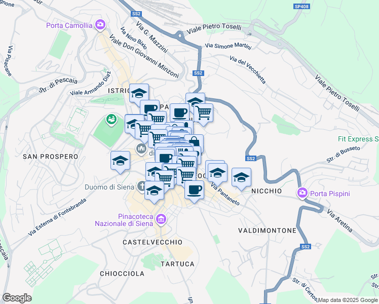 map of restaurants, bars, coffee shops, grocery stores, and more near 41 Via Bandini Sallustio in Siena