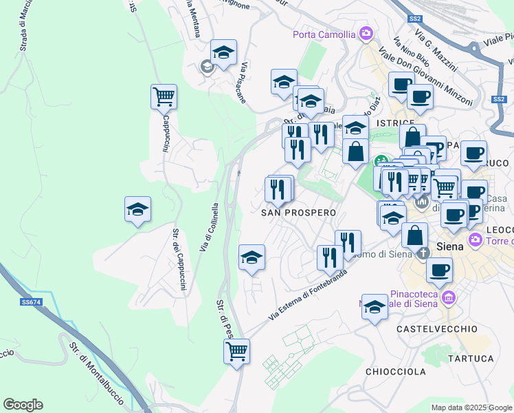 map of restaurants, bars, coffee shops, grocery stores, and more near 12 Via Gorizia in Siena