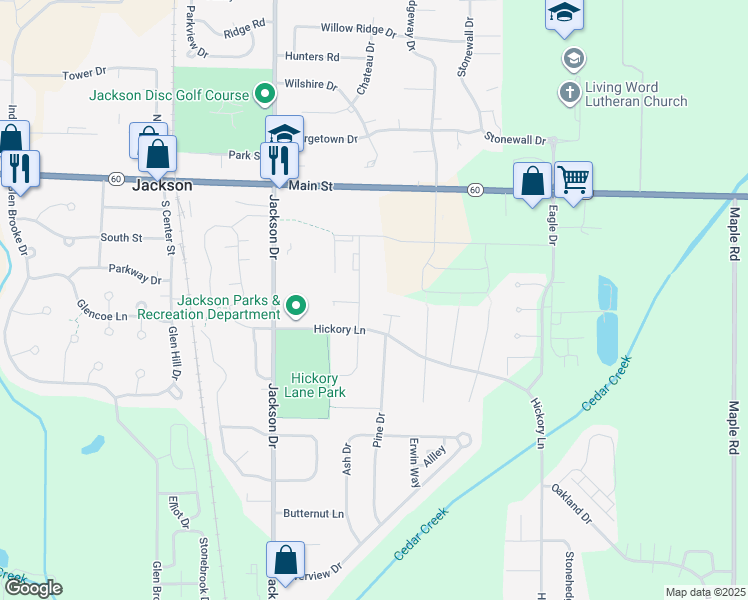 map of restaurants, bars, coffee shops, grocery stores, and more near W201N16574 Hemlock Street in Jackson