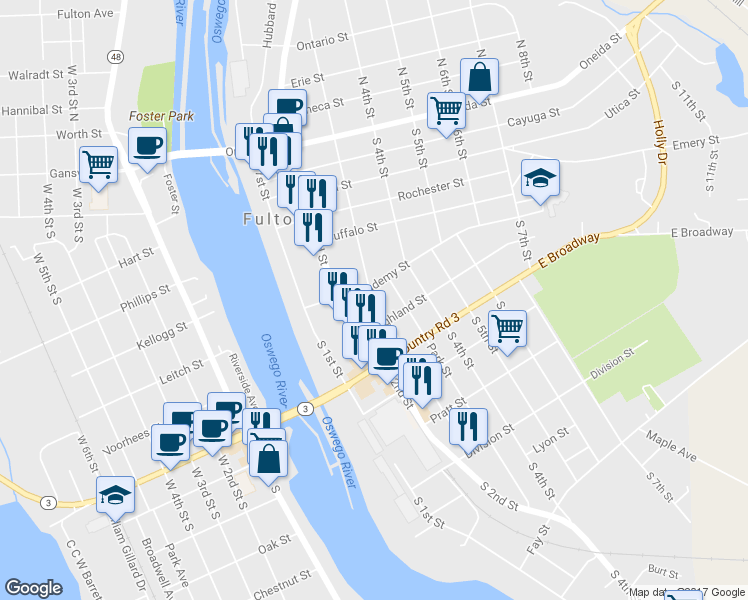 map of restaurants, bars, coffee shops, grocery stores, and more near 207 South 3rd Street in Fulton