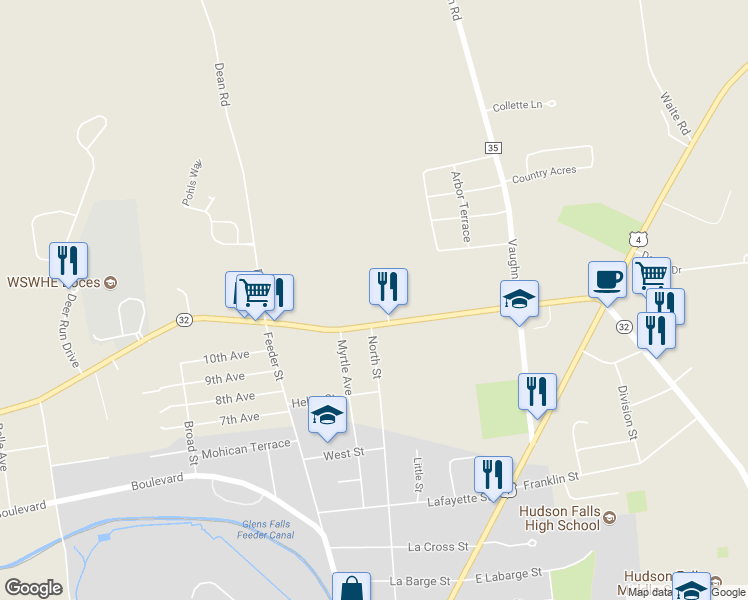 map of restaurants, bars, coffee shops, grocery stores, and more near 1161 Dix Avenue in Hudson Falls