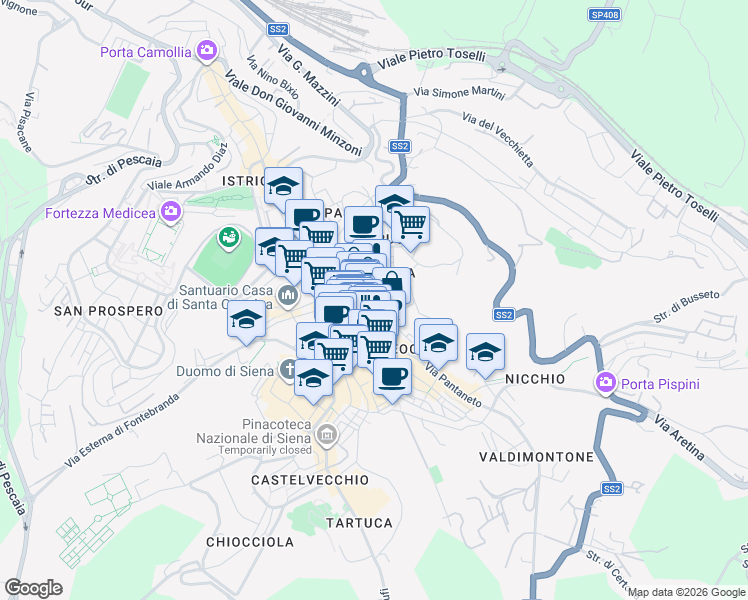 map of restaurants, bars, coffee shops, grocery stores, and more near 15 Vicolo Donzelle in Siena