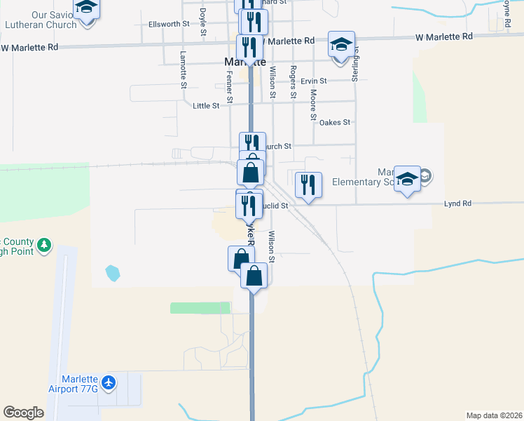 map of restaurants, bars, coffee shops, grocery stores, and more near 6411 Euclid Street in Marlette