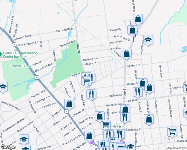 map of restaurants, bars, coffee shops, grocery stores, and more near 10 Stoddard Avenue in Glens Falls