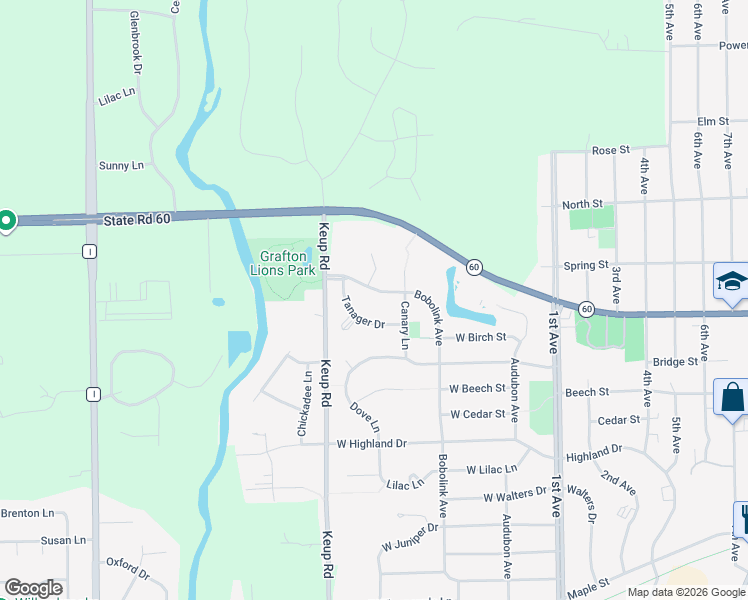 map of restaurants, bars, coffee shops, grocery stores, and more near 452 Tanager Drive in Grafton