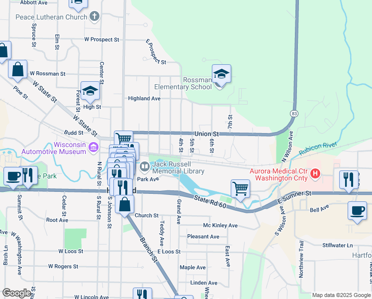 map of restaurants, bars, coffee shops, grocery stores, and more near 218 Third Street in Hartford