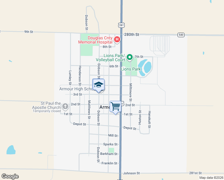 map of restaurants, bars, coffee shops, grocery stores, and more near 908 Main Street in Armour