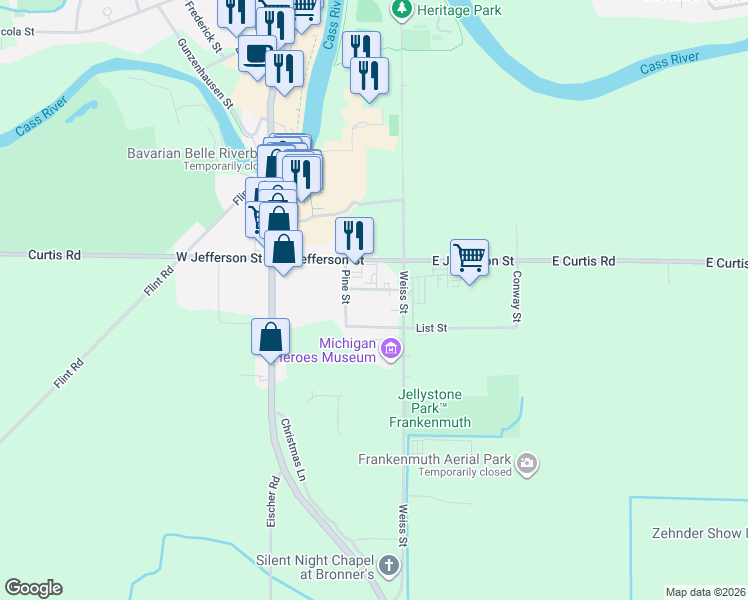 map of restaurants, bars, coffee shops, grocery stores, and more near 238 List Street in Frankenmuth