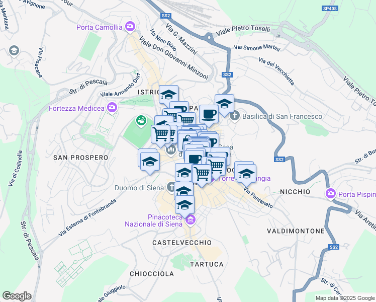 map of restaurants, bars, coffee shops, grocery stores, and more near 16 Via Banchi di Sopra in Siena