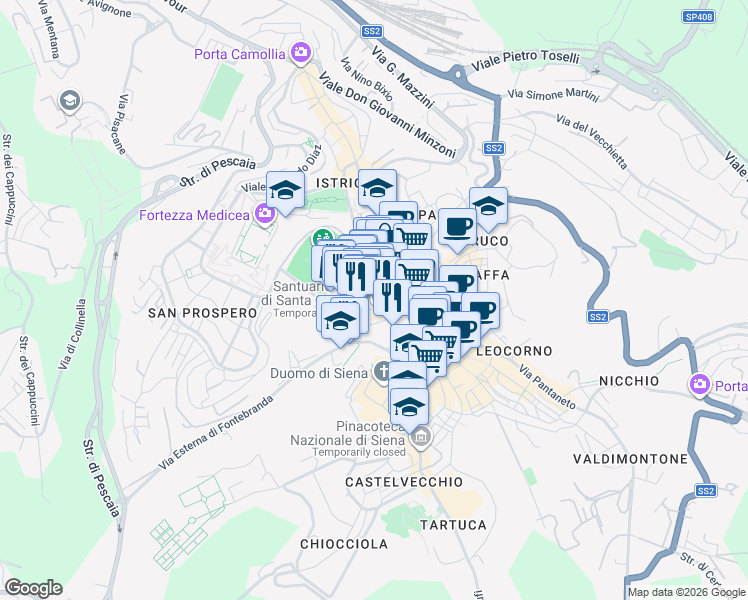 map of restaurants, bars, coffee shops, grocery stores, and more near 39 Via Camporegio in Siena