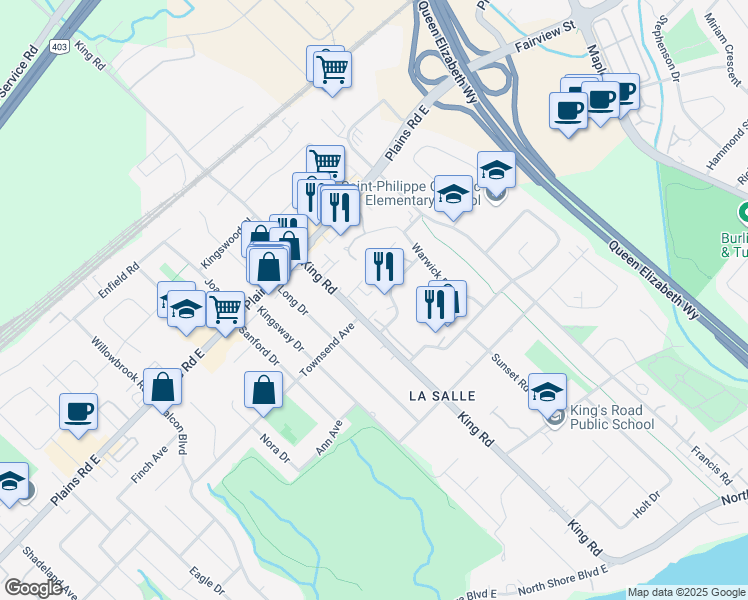 map of restaurants, bars, coffee shops, grocery stores, and more near 935 King Road in Burlington