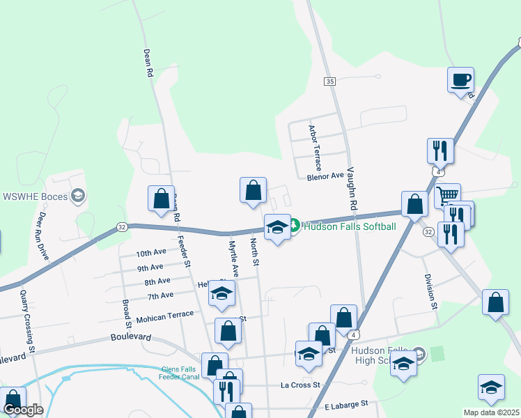 map of restaurants, bars, coffee shops, grocery stores, and more near 301 Queens Drive in Hudson Falls