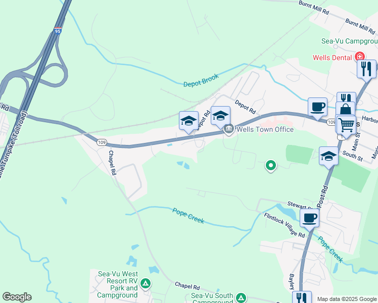 map of restaurants, bars, coffee shops, grocery stores, and more near 276 Sanford Road in Wells