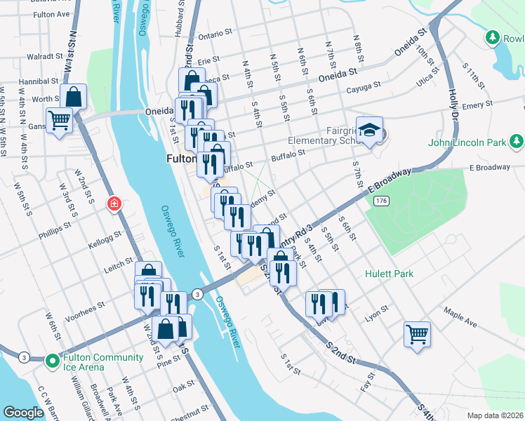 map of restaurants, bars, coffee shops, grocery stores, and more near 312 Highland Street in Fulton