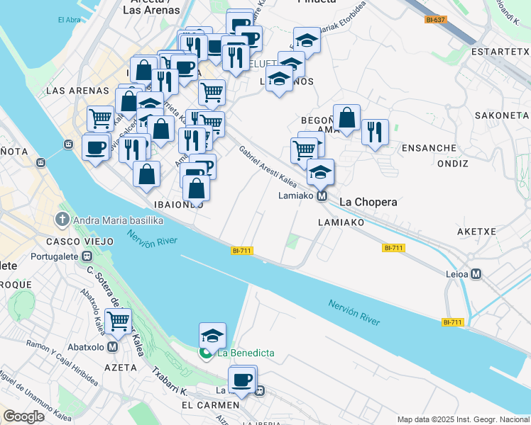 map of restaurants, bars, coffee shops, grocery stores, and more near 10 Autonomia Etorbidea in Leioa