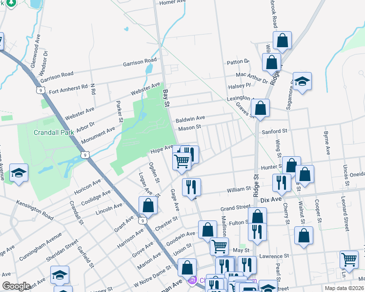 map of restaurants, bars, coffee shops, grocery stores, and more near 167 Bay Street in Glens Falls