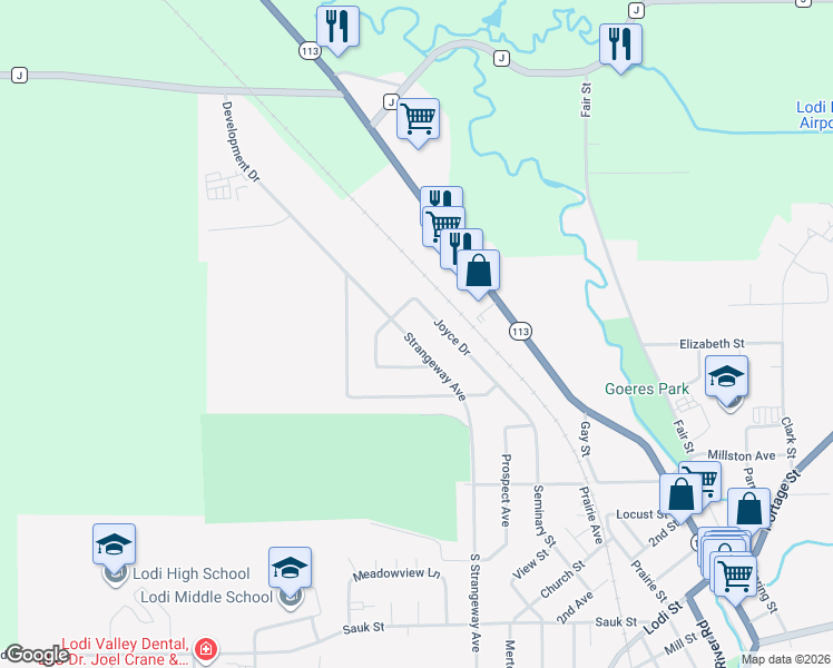 map of restaurants, bars, coffee shops, grocery stores, and more near 250 Strangeway Avenue in Lodi