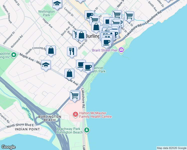 map of restaurants, bars, coffee shops, grocery stores, and more near 1340 Lakeshore Road in Burlington
