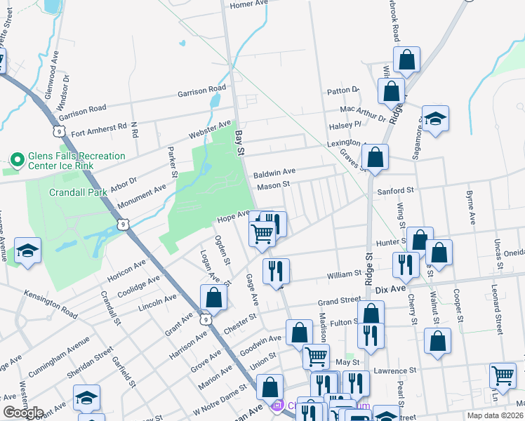 map of restaurants, bars, coffee shops, grocery stores, and more near 167 Bay Street in Glens Falls