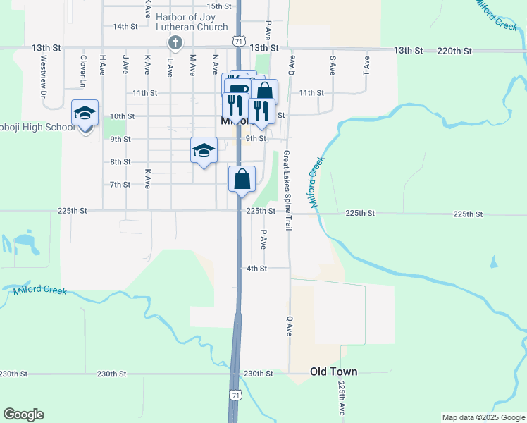 map of restaurants, bars, coffee shops, grocery stores, and more near 598 P Ave in Milford
