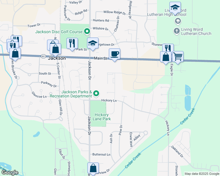 map of restaurants, bars, coffee shops, grocery stores, and more near W201N16589 Hemlock Street in Jackson
