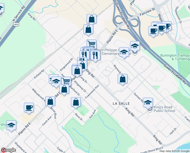 map of restaurants, bars, coffee shops, grocery stores, and more near 955 King Road in Burlington