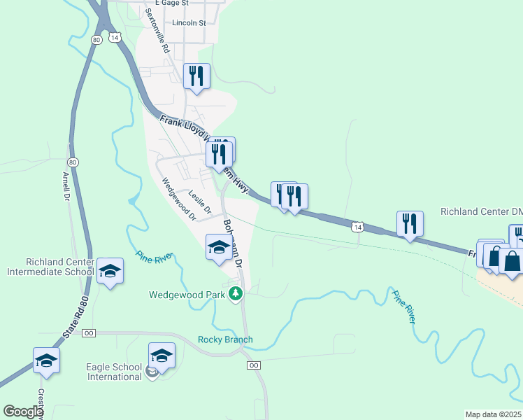 map of restaurants, bars, coffee shops, grocery stores, and more near 190 Richland Sq in Richland Center