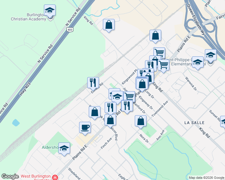 map of restaurants, bars, coffee shops, grocery stores, and more near 1063 Maplehurst Avenue in Burlington