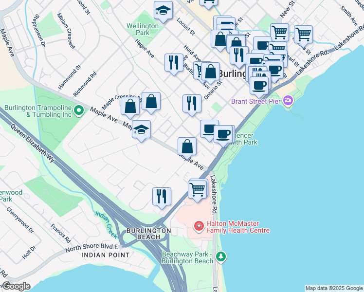 map of restaurants, bars, coffee shops, grocery stores, and more near 1275 Elgin Street in Burlington