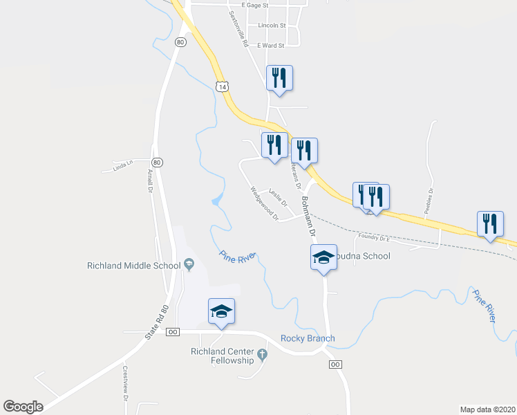 map of restaurants, bars, coffee shops, grocery stores, and more near 1620 Wedgewood Drive in Richland Center