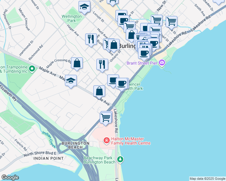 map of restaurants, bars, coffee shops, grocery stores, and more near in Burlington