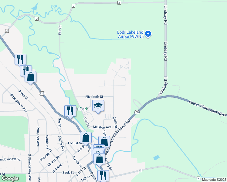 map of restaurants, bars, coffee shops, grocery stores, and more near 305 North Hill Street in Lodi