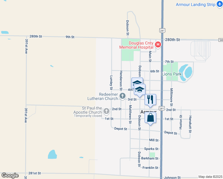 map of restaurants, bars, coffee shops, grocery stores, and more near 1000 Lumley Street in Armour