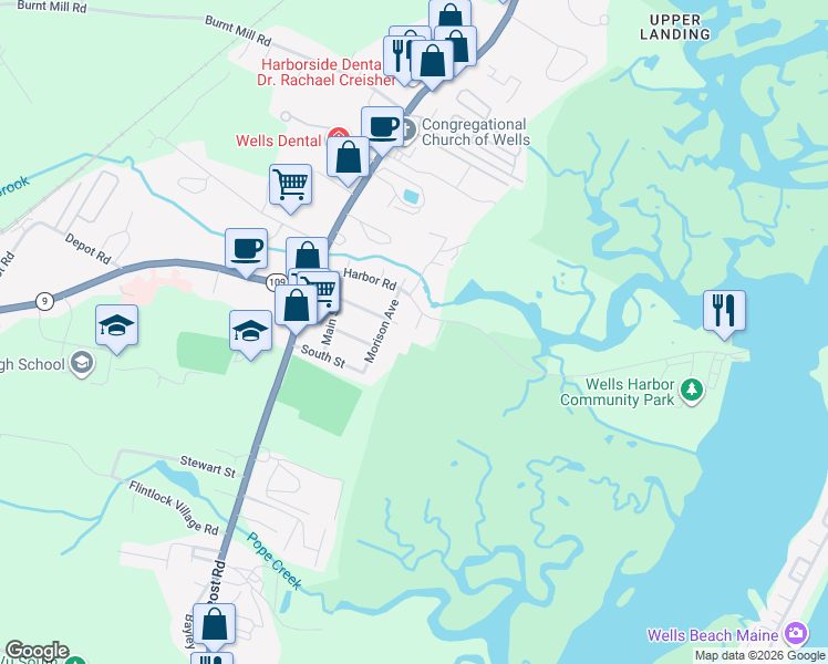 map of restaurants, bars, coffee shops, grocery stores, and more near 99 Harbor Road in Wells