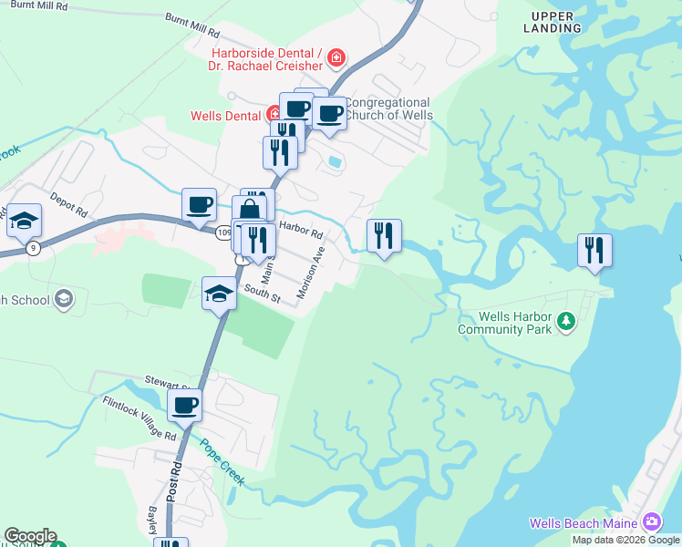 map of restaurants, bars, coffee shops, grocery stores, and more near 99 Harbor Road in Wells