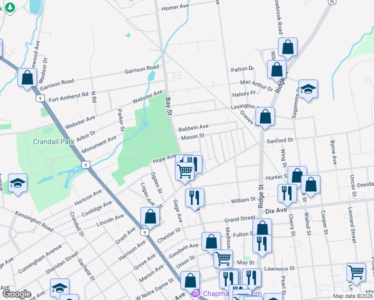 map of restaurants, bars, coffee shops, grocery stores, and more near 5 Mason Street in Glens Falls