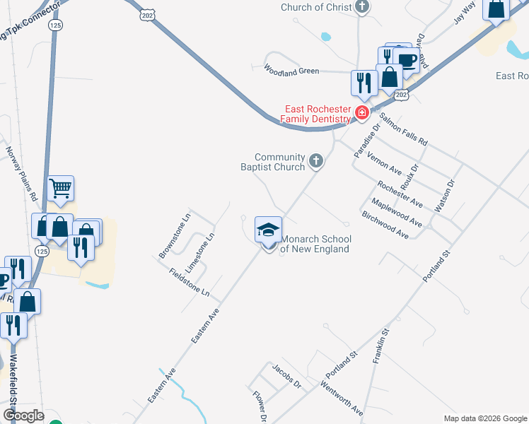 map of restaurants, bars, coffee shops, grocery stores, and more near 116 Eastern Avenue in Rochester