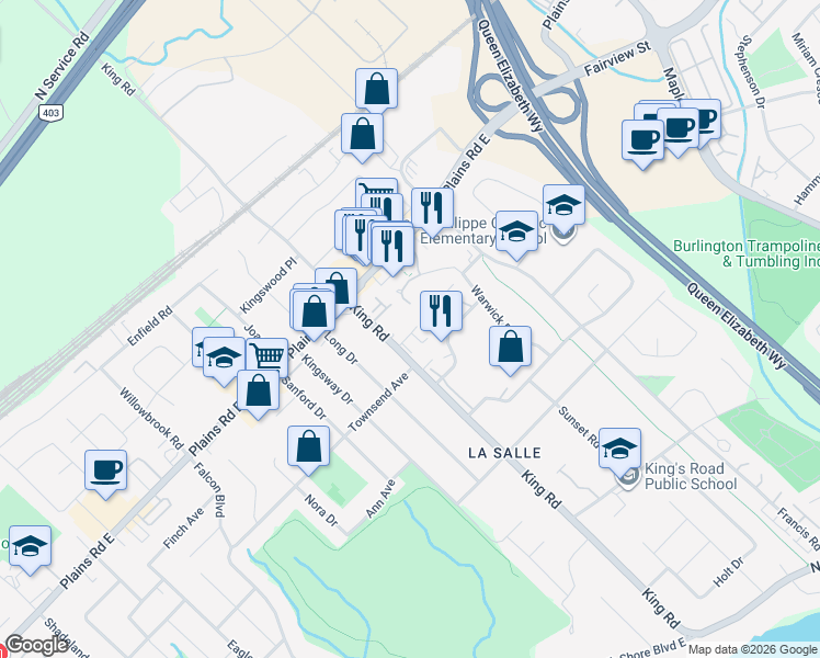 map of restaurants, bars, coffee shops, grocery stores, and more near 935 King Road in Burlington