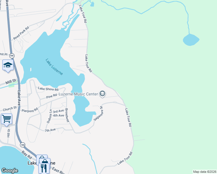 map of restaurants, bars, coffee shops, grocery stores, and more near Lake Tour Road in Lake Luzerne